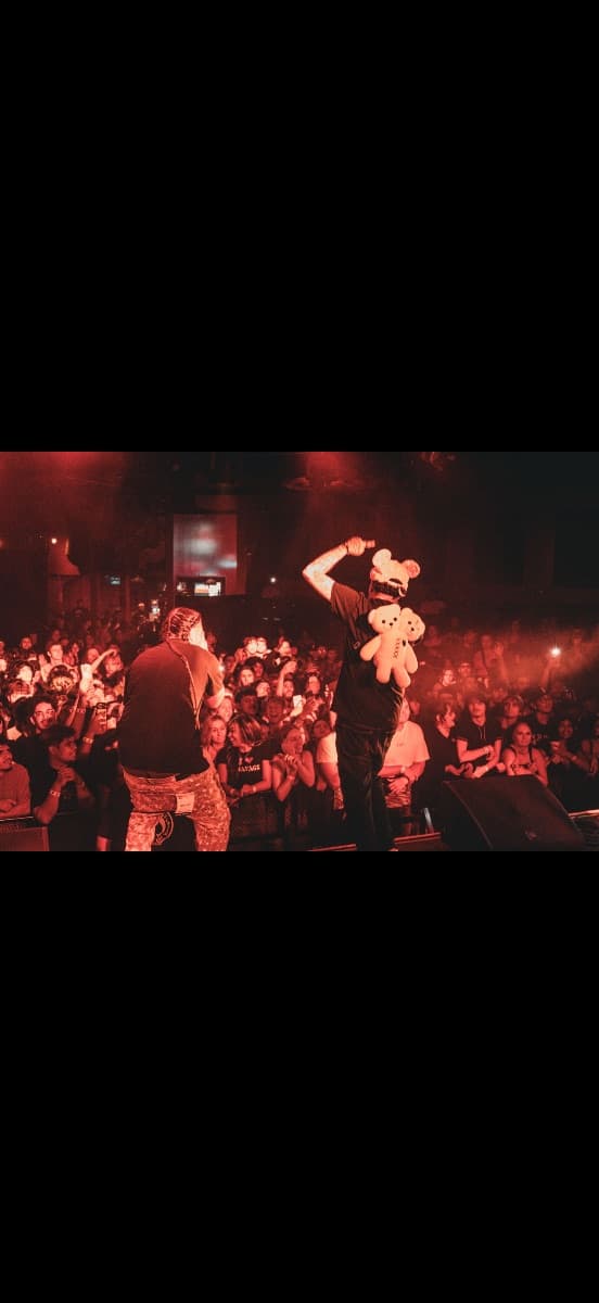 Pr0found on stage holding a teddy bear over a packed crowd